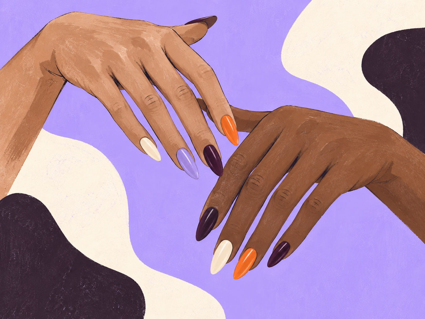 Illustrated hands with glossy plum, lavender, cream and orange nails
